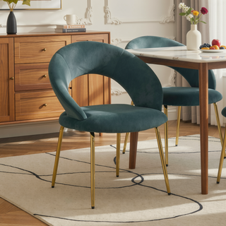 Sunvega Velvet Fabric Dining Chair with Curved Backrest and Golden Metal Legs for Kitchen