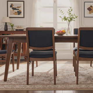 Sunvega Mid-Century Modern Walnut Finished Solid Wood Vegan Leather Upholstered Dining Chairs Set of 2