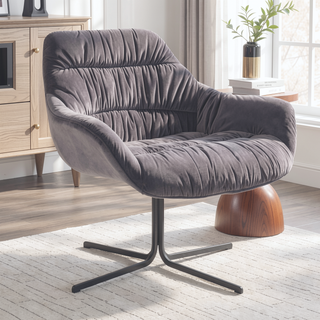 Sunvega Contemporary Swivel Lounge Chair in Black Metal and Grey Velvet