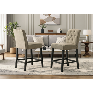 Sunvega Set of 2 Beige Upholstered Counter Height Chairs with Black Rubberwood Legs
