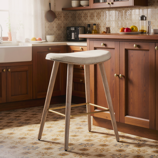 Sunvega Contemporary Counter Stool with Cream Fabric Upholstery and White Washed Wood