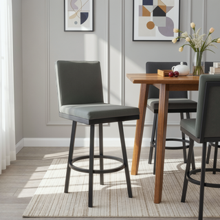 Sunvega Modern Black Metal and Gray Faux Leather Swivel Bar and Counter Stool