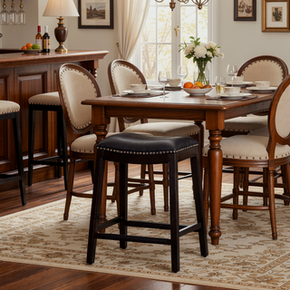 Sunvega Natural Finish Saddle Leather Seat Counter Stool with Footrest and Nail Head Trim