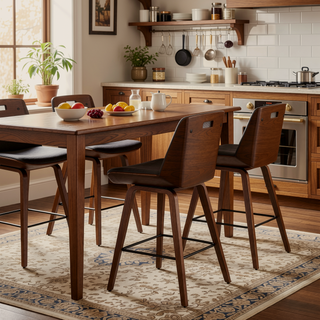 Sunvega Mid-Century Modern Walnut Wood and Light Grey Fabric Counter Stool