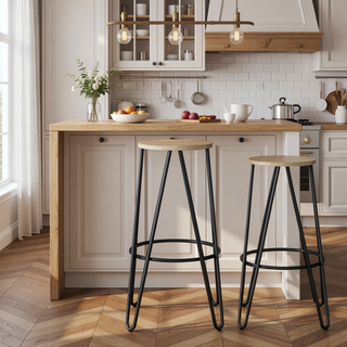 Sunvega Industrial Metal Bar Stool with Natural Wood Seat and Hairpin Legs