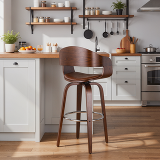 Sunvega Mid-Century Modern Swivel Barstool with Faux Leather Upholstery and Walnut Frame