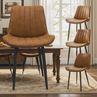 Sunvega Brown PU Leather Dining Chairs with Metal Legs and Wave Pattern Upholstery
