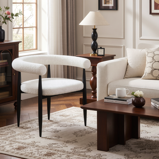 Sunvega Notting Cream Boucle Upholstered Dining Arm Chairs with Black Legs