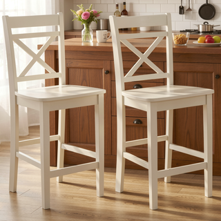 Sunvega Cream Cross Back Counter Height Chairs with Tapered Legs and Footrest