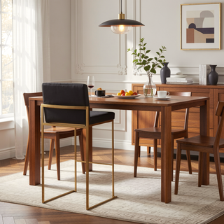 Sunvega Gold Steel and Black Faux Leather High Back Barstool with Padded Seat