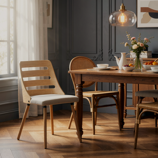 Sunvega Mid-Century Modern Dining Chair with Cream Fabric and Natural Wood Backrest