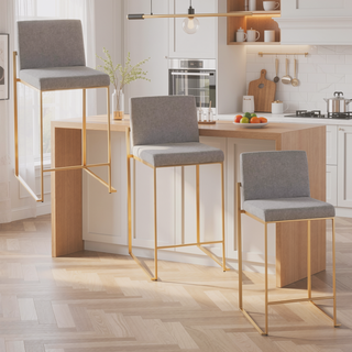 Sunvega Contemporary High Back Counter Stool Set of 3 in Gold Steel Grey Fabric