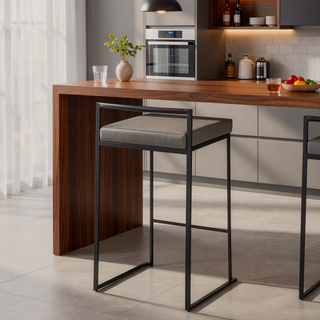 Sunvega Black Metal Counter Stool Set with Grey Faux Leather Cushion