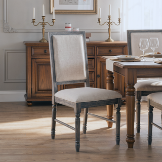 Sunvega Weathered Gray Finish Wooden Frame Cream Linen Upholstered Dining Side Chairs