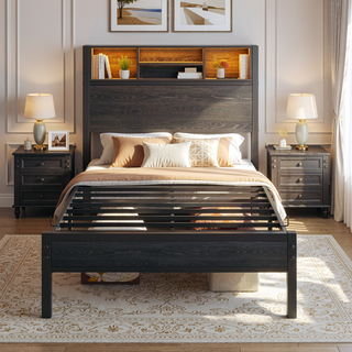 Sunvega Twin Size Bed Frame with Storage Headboard, Charging Station, and Bookcase