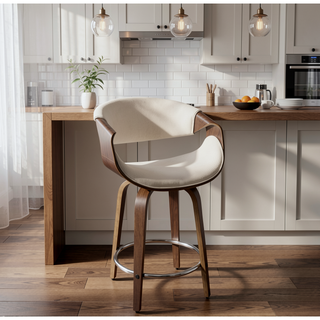 Sunvega Mid-Century Modern Counter Stool Set with Walnut Frame and Cream Fabric