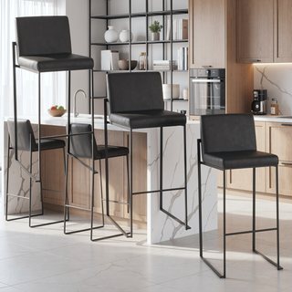 Sunvega Contemporary High Back Barstool Set of 3 in Black Faux Leather