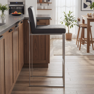 Sunvega Contemporary High Back Barstool Set of 3 with Faux Leather Upholstery