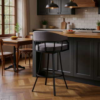 Sunvega Swivel Slate Gray Faux Leather and Black Metal Bar Stool with Footrest