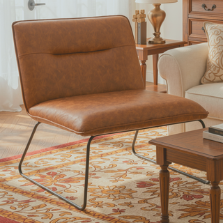 Sunvega Industrial Black Metal and Camel Faux Leather Accent Chair with Tufted Backrest