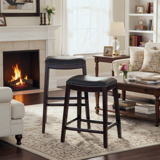 Sunvega Natural Finish Saddle Leather Seat Counter Stool with Footrest and Nail Head Trim