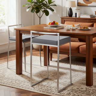 Sunvega Contemporary Stackable Counter Stool with Grey Faux Leather and Brushed Stainless Steel