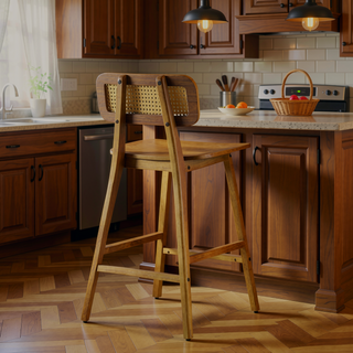 Sunvega Natural Wood Barstool Set with Rattan Backrest and Curved Seat