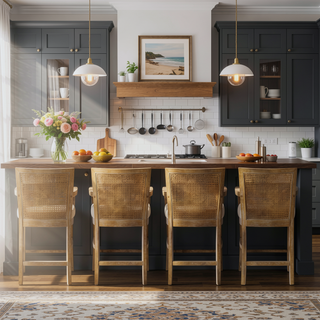 Sunvega Reclaimed Natural Finish Solid Wood Cane Back Counter Stool with Upholstered Seat
