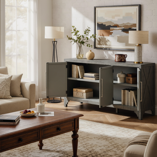 Sunvega MDF and Pine Veneer Sideboard Cabinet with Adjustable Shelves for Living Rooms