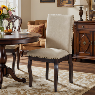 Sunvega Set of 4 Natural Wood Wash Upholstered Fabric Dining Chairs with Nailhead Trim