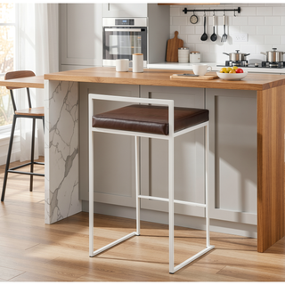 Sunvega Contemporary Stackable Counter Stool with White Frame and Brown Faux Leather Cushion