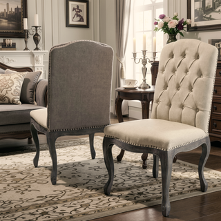 Sunvega Upholstered Dining Chairs with Button Tufting and Weathered Wood Legs Set of 2