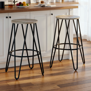 Sunvega Industrial Metal Counter Height Stool with Solid Wood Seat and Hairpin Legs