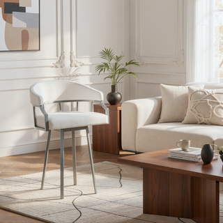 Sunvega 30 Inch Swivel White Faux Leather and Silver Metal Bar Stool