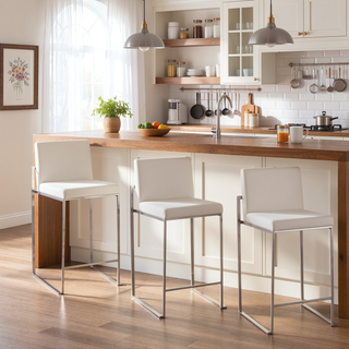 Sunvega Fuji High Back Counter Stool Set of 3 in White Velvet and Stainless Steel