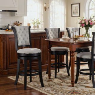 Sunvega Contemporary Black Frame Fabric Upholstery Swivel Pub Stools with Footrest