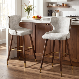 Sunvega Mid-Century Modern Tufted Nailhead Trim Barstool Set of 2 in Off-White