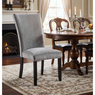Sunvega Light Gray Flannelette Dining Chairs with Nailhead Trim and Black Wood Legs