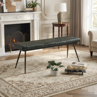 Sunvega Tufted Cushion Side Bench with Padded Goat Leather Upholstery and Tapered Metal Legs