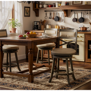 Sunvega 24 Inch Counter Height X-Back Swivel Stool with Beige Fabric Seat and Cherry Finish