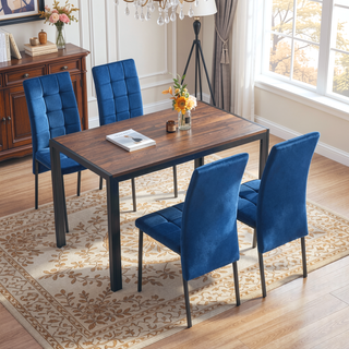 Sunvega Dark Blue Velvet High Back Nordic Dining Chair with Golden Legs Set Of 4