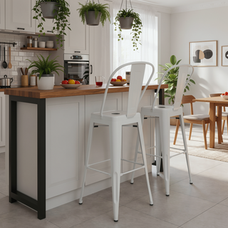 Sunvega Industrial White Metal Bar Stools with Curved Back and Footrest Set of 2