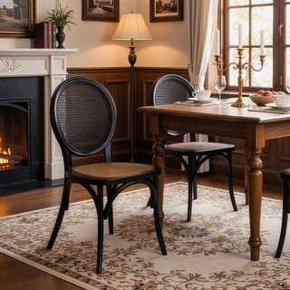 Sunvega Vintage Elm Wood Caning Dining Chairs with Rounded Backrest Set of 2