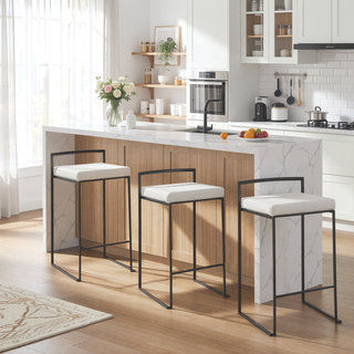 Sunvega Contemporary Stackable Black Metal Counter Stool with White Velvet Cushion