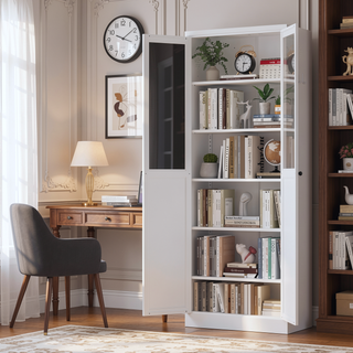 Sunvega Modern Kitchen Pantry Cabinet with Glass Doors and Adjustable Shelves for Living Room