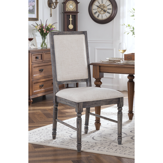 Sunvega Cream Linen Upholstered Side Chair with Weathered Gray Finish and Wooden Legs