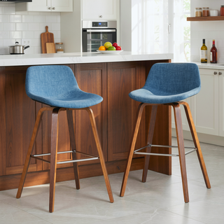 Sunvega Mid Century Modern Bentwood Counter Bar Stool Set with Blue Linen Look Upholstery
