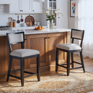 Sunvega Solid Rubber Wood Upholstered Counter Stools Set of 2 with Backrest and Footrest