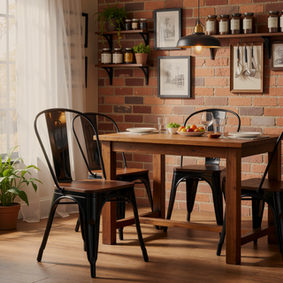 Sunvega High Gloss Black Industrial Metal Dining Chairs with Walnut Wooden Seat
