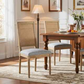 Sunvega French Country Dining Chairs with Cane Backrest Upholstered Seats and Fluted Legs